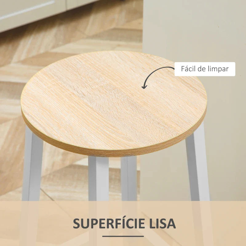 Conjunto de 2 Bancos Altos de Cozinha Bancos de Bar com Pés de Aço e Apoio para os Pés para Sala de Estar Sala de Jantar Carga 75kg 32,5x32,5x65cm Madeira e Branco