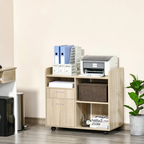 Armário para Impressora Armário Multifuncional de Escritório com 3 Compartimentos 2 Gavetas para Arquivos Prateleira Ajustável 2 Rodas com Freios 80x40x72cm Carvalho