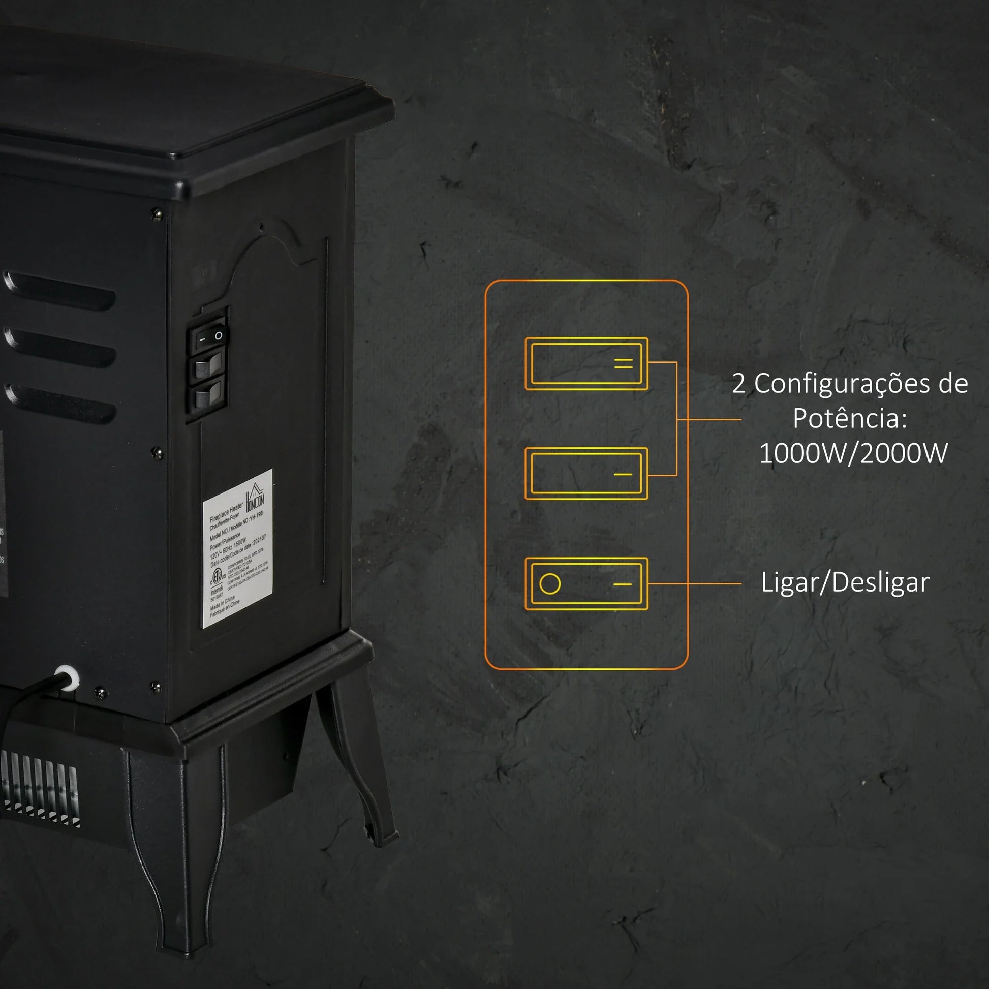 Lareira Elétrica Portátil 1000/2000W com Simulação de Chama Termostato Ajustável e Proteção de Superaquecimento para Salas de até 25m² 36,5x24x41,5cm Preto