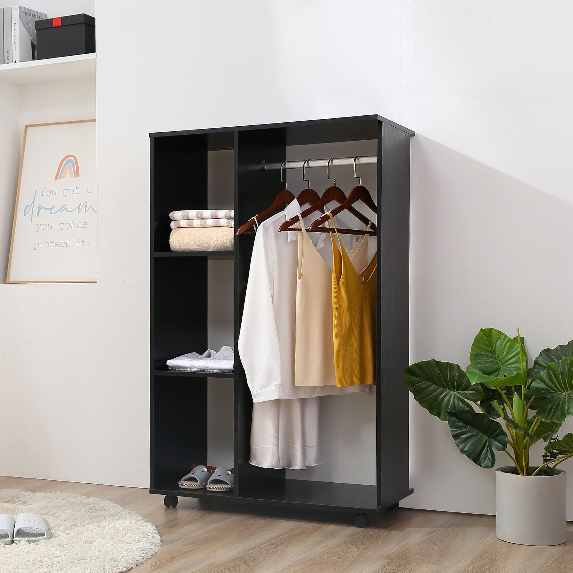 Roupeiro Aberto "Oslo" – Com Barra para Pendurar e 3 Prateleiras – 80x40x128 cm – Preto - A minha loja