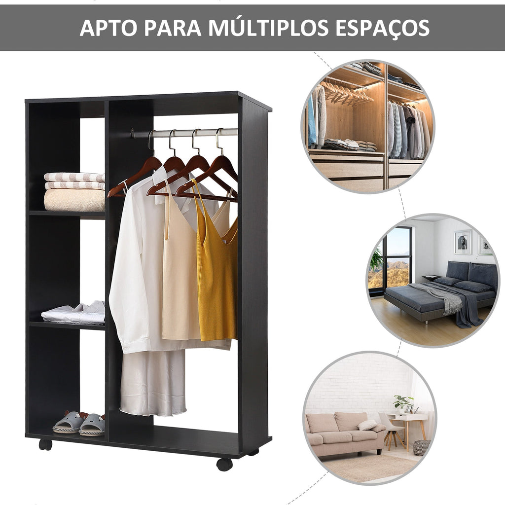 Roupeiro Aberto "Oslo" – Com Barra para Pendurar e 3 Prateleiras – 80x40x128 cm – Preto - A minha loja