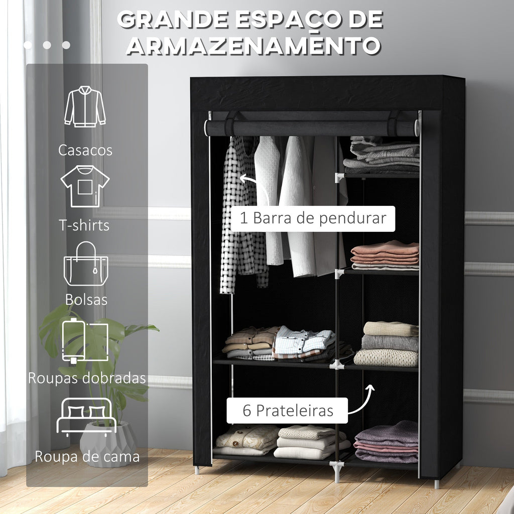 Roupeiro de Tecido Dobrável Armário de Roupa Portátil com 6 Prateleiras e 1 Barra de Pendurar para Dormitório Vestidor 103x43x162,5 cm Preto - A minha loja