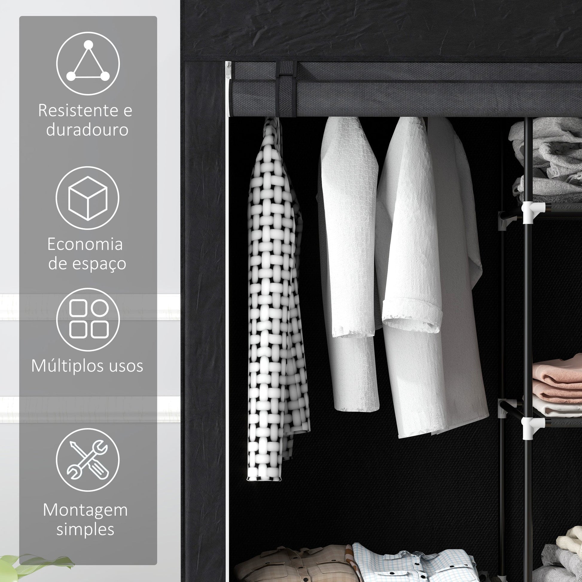 Roupeiro de Tecido Dobrável Armário de Roupa Portátil com 6 Prateleiras e 1 Barra de Pendurar para Dormitório Vestidor 103x43x162,5 cm Preto - A minha loja