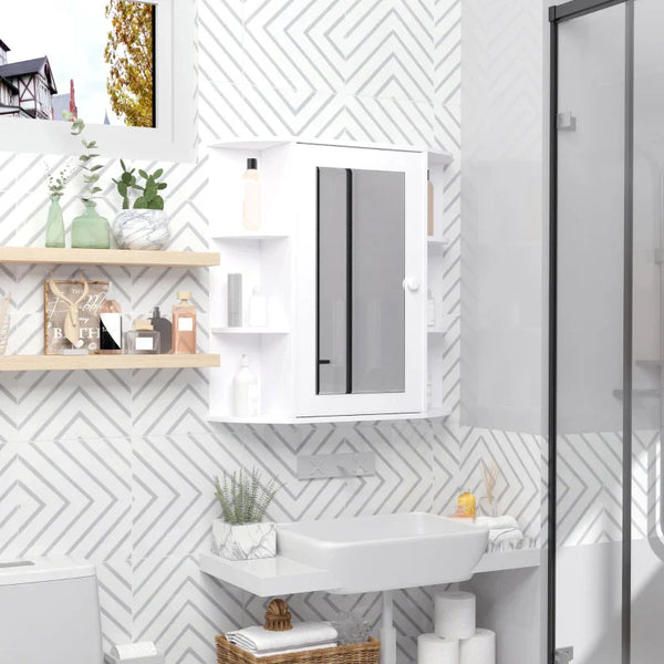 Armário de Casa de Banho com Espelho Móvel Suspenso de Casa de Banho com 1 Porta 2 Prateleiras Interiores e 6 Prateleiras Laterais para Sala de Estar Cozinha Dormitório 66x17x63cm Branco