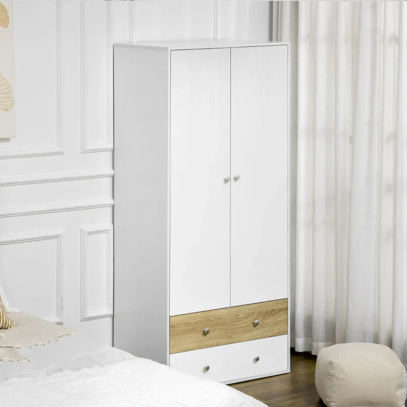 Roupeiro de Madeira Armário para Roupas com 2 Portas 2 Gavetas e 1 Barra para Pendurar Estilo Moderno para Dormitório 80x50x180 cm Branco e Carvalho