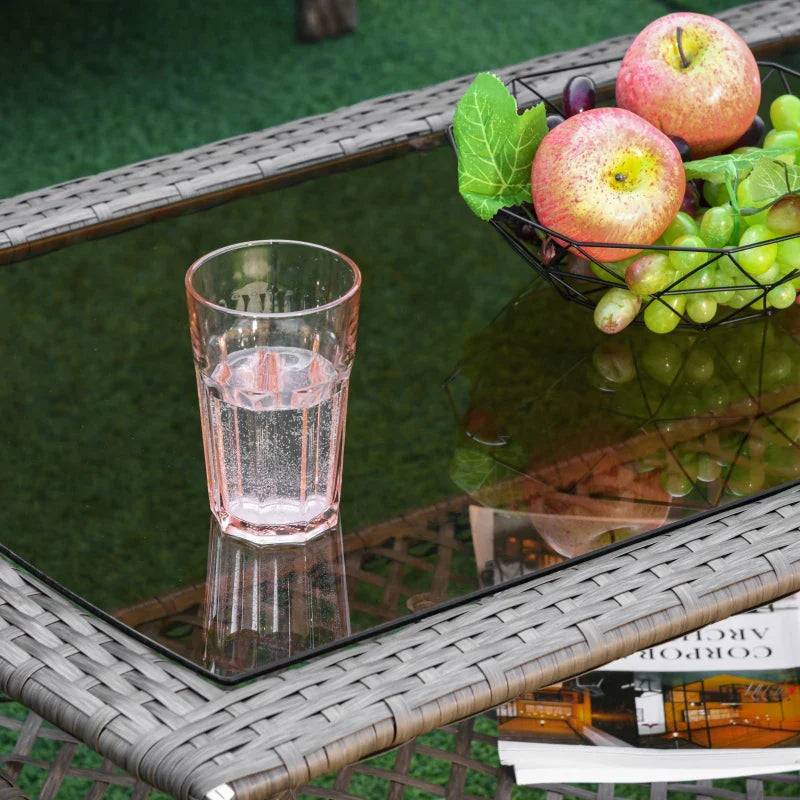 Conjunto de 4 móveis de jardim de vime PE Poltrona, sofá duplo e mesa de centro com almofadas laváveis para terraço ao ar livre, marrom e cáqui