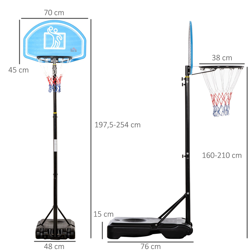 Tabela de Basquetebol para Exterior com Altura Ajustável 160-210cm Cesta de Basquetebol com Rodas Tabela de PE e Base Recarregável 76x70x197,5-254cm Preto e Azul