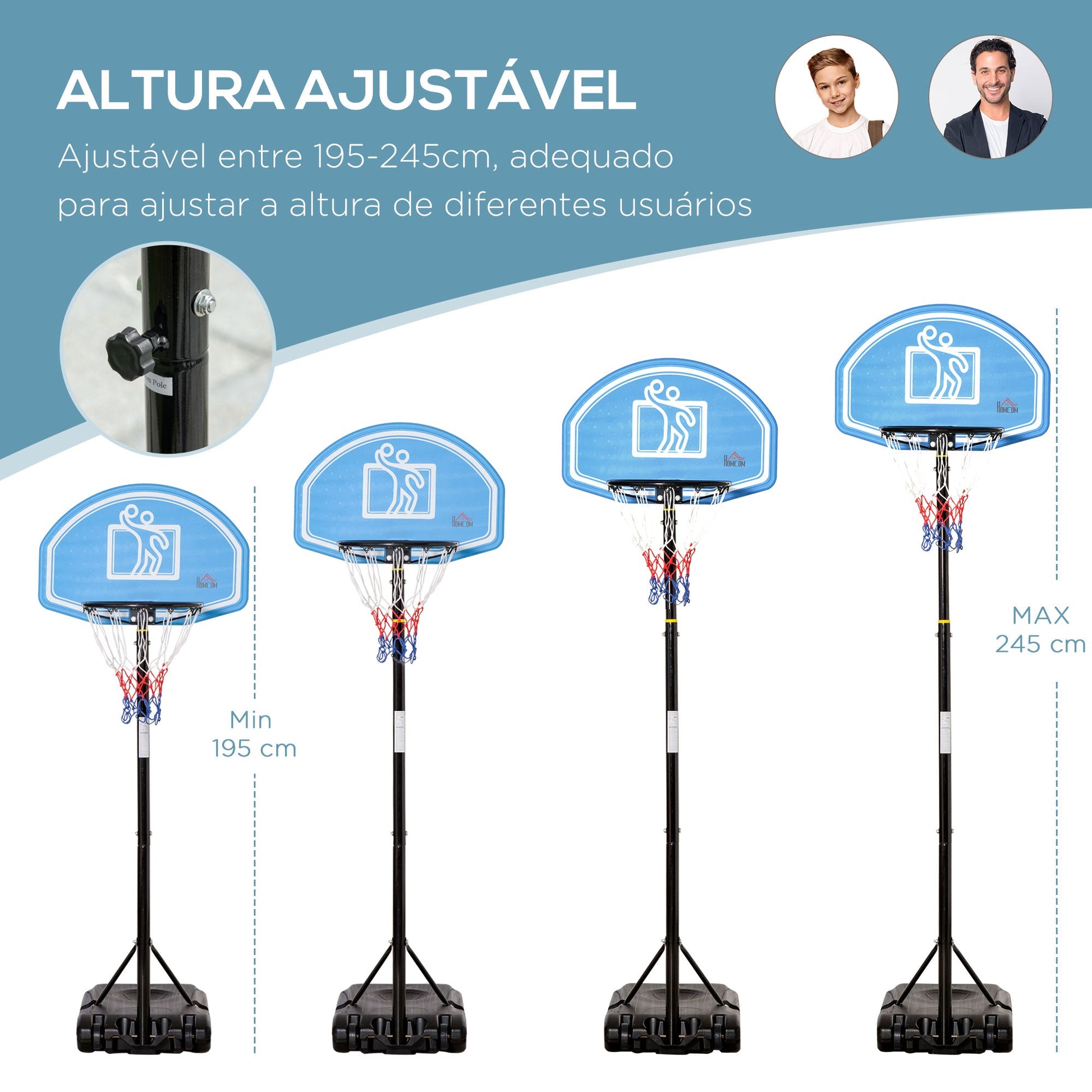 Tabela de Basquetebol para Exterior com Altura Ajustável 160-210cm Cesta de Basquetebol com Rodas Tabela de PE e Base Recarregável 76x70x197,5-254cm Preto e Azul