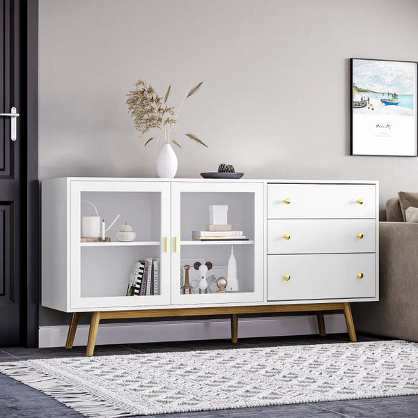 Aparador de Cozinha Moderno Aparador de Sala de Estar com 2 Portas de Vidro 3 Gavetas e Pés de Madeira de Borracha para Sala de Jantar 160x40x80 cm Branco e Madeira