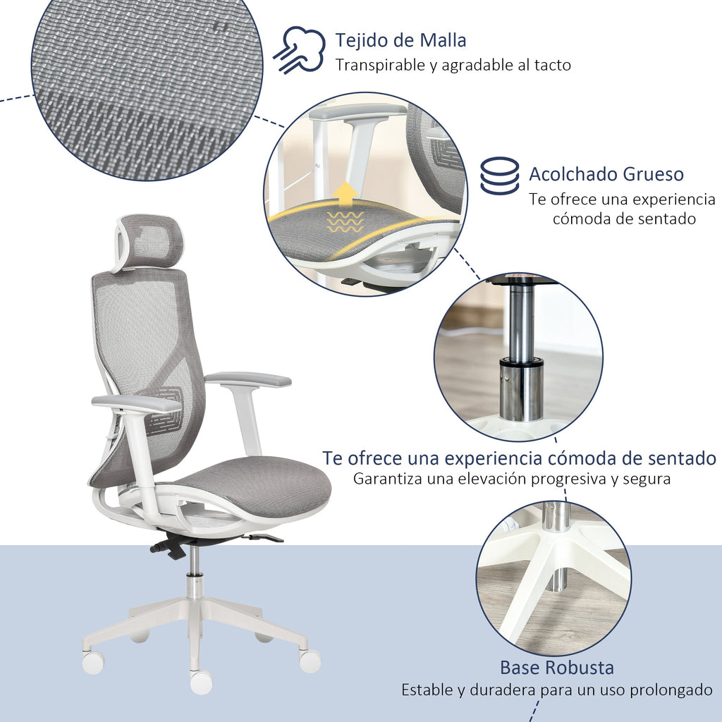 Cadeira de Escritório Giratória Cadeira de Escritório com Altura Ajustável Apoio para os Braços Apoio para a Cabeça e Suporte Lombar Reguláveis Encosto Alto 67x65x120-128cm Cinza