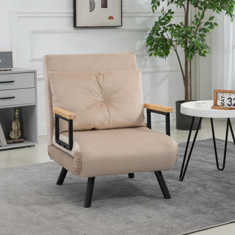 Poltrona Convertível em Cama Dobrável Poltrona 3 em 1 Convertível em Cama com Encosto Ajustável em 5 Níveis e Almofada Acolchoada para Escritório Sala de Estar Carga 120 kg 63x73x81 cm Bege