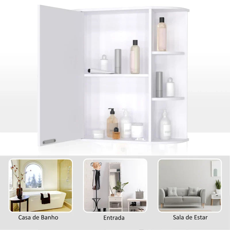 Armário de Casa de Banho com Espelho Móvel Suspenso de Casa de Banho com 1 Porta 2 Prateleiras Interiores e 6 Prateleiras Laterais para Sala de Estar Cozinha Dormitório 66x17x63cm Branco
