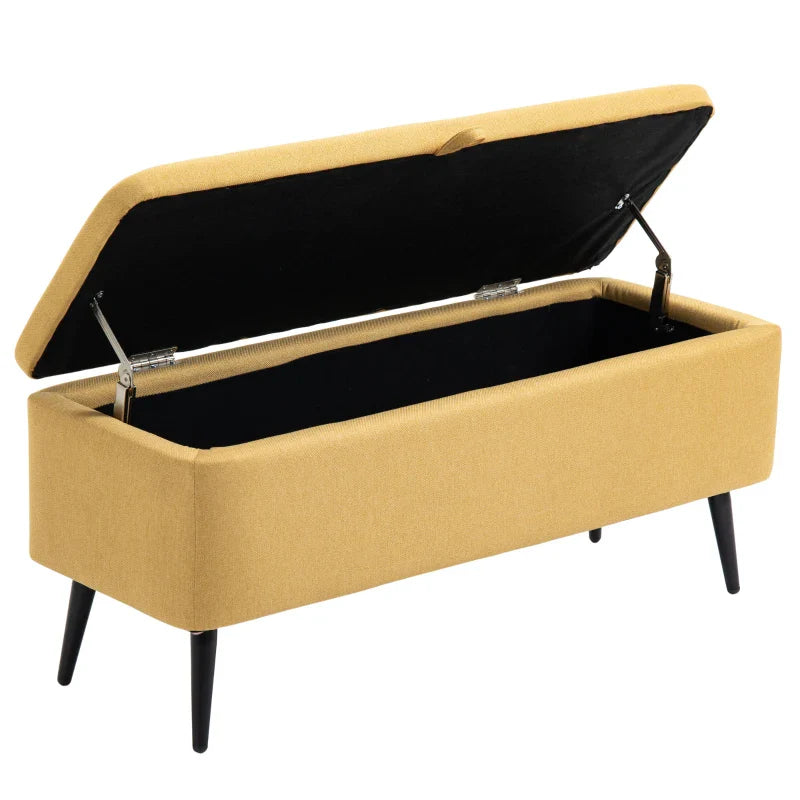 Banco de Armazenamento Estofado em Linho com Tampa Abatível e Pés de Aço para Dormitório Sala de Estar Entrada Carga Máxima 150kg 101x38,5x44,5 cm Amarelo