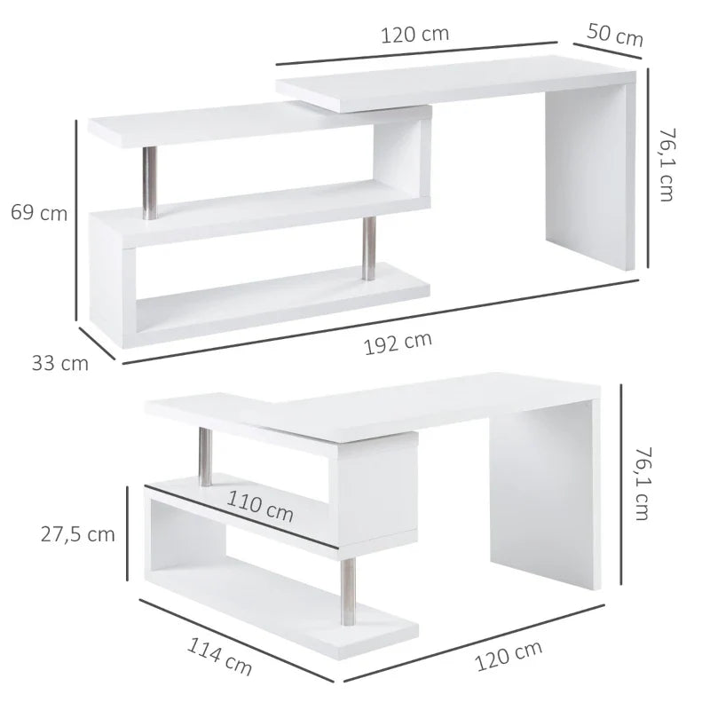 Secretária de Canto Giratória 360º Secretária em Forma de L com Prateleiras para Escritório Casa 114x120x76,1cm Branco