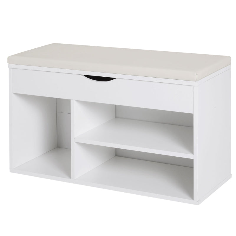 Banco Sapateira com Armazenamento Gaveta Prateleira e Assento Acolchoado para Entrada Estilo Moderno 80x30x47cm Branco