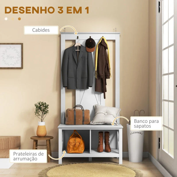 Móvel Cabide de Entrada de Madeira Móvel de Entrada com Banco 2 Prateleiras e 3 Ganchos para Pendurar Roupa Bolsas para Corredor Entrada 80,5x40x168 cm Branco