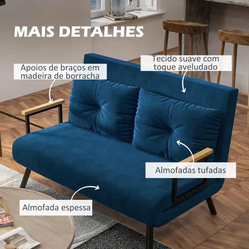 Sofá Cama Sofá Convertível em Cama de 2 Lugares Dobrável com Encosto Ajustável em 5 Níveis e 2 Almofadas Acolchoadas para Escritório Dormitório Sala de Estar 102x73x81 cm Azul