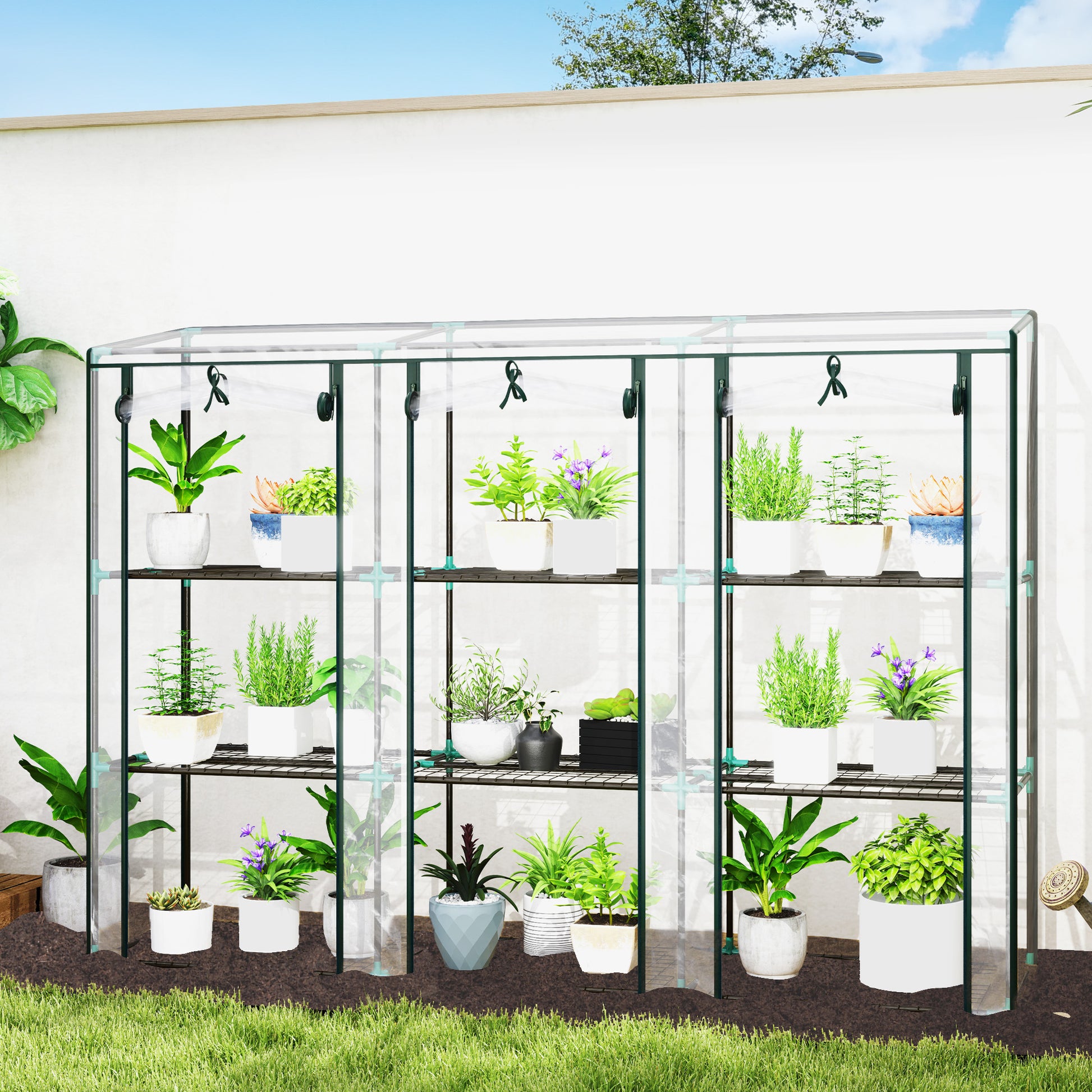 Estufa Pequena Estufa de Exterior com Prateleiras de 3 Níveis Portas com Fecho de Correr e Estrutura de Aço Estufa para Cultivar Plantas Flores 215x46x151 cm Transparente