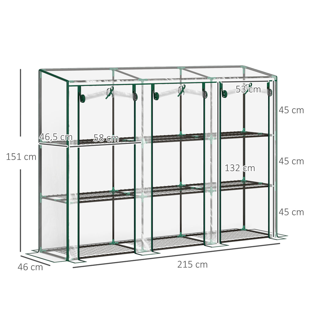 Estufa Pequena Estufa de Exterior com Prateleiras de 3 Níveis Portas com Fecho de Correr e Estrutura de Aço Estufa para Cultivar Plantas Flores 215x46x151 cm Transparente