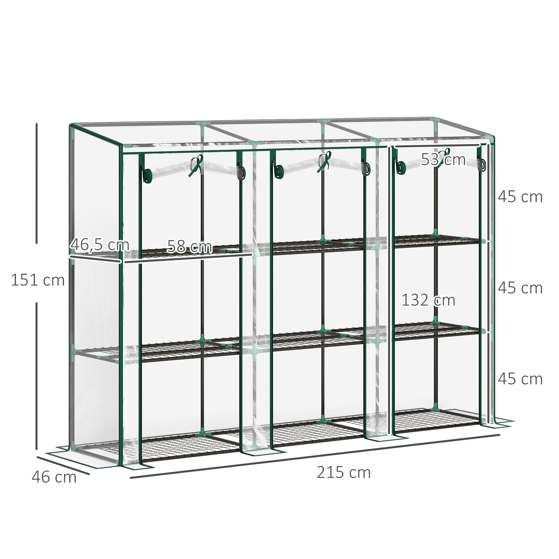 Estufa Pequena Estufa de Exterior com Prateleiras de 3 Níveis Portas com Fecho de Correr e Estrutura de Aço Estufa para Cultivar Plantas Flores 215x46x151 cm Transparente
