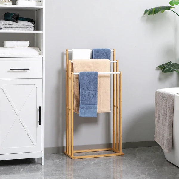 Toalheiro de Pé de Bambu com 3 Barras Toalheiro Independente de 3 Níveis para Casa de Banho 48x25,8x94cm Madeira