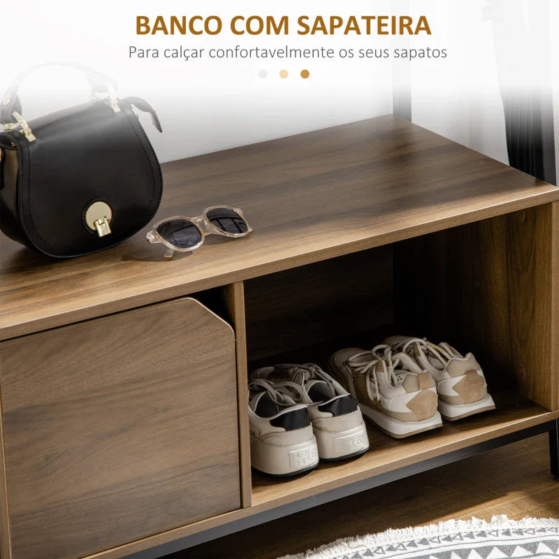 Móvel Cabide de Entrada com Sapateiro Móvel de Entrada com Banco 5 Ganchos Armário e Prateleira Aberta para Corredor Entrada 84x40x169cm Marrom Rústico