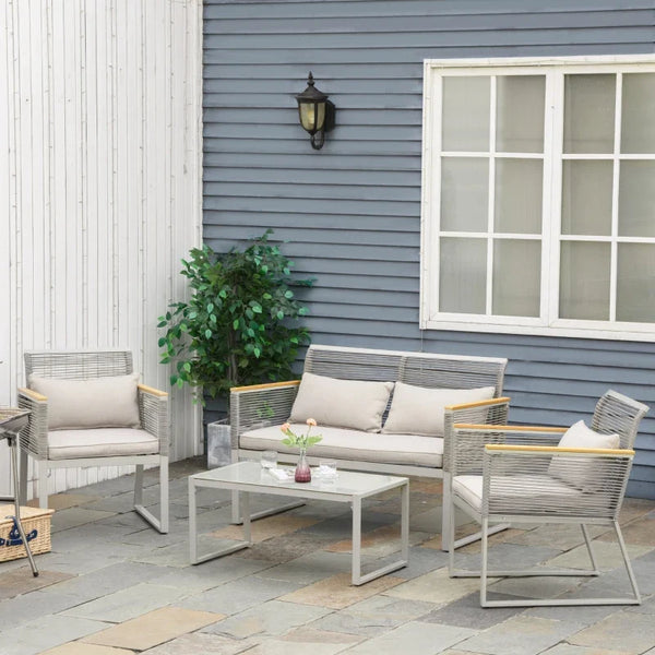 Conjunto de Móveis de Jardim Vime 4 Peças Sofá Duplo 2 Poltronas Individuais e Mesa de Centro com Vidro com Almofadas para Exterior Terraço Cinza