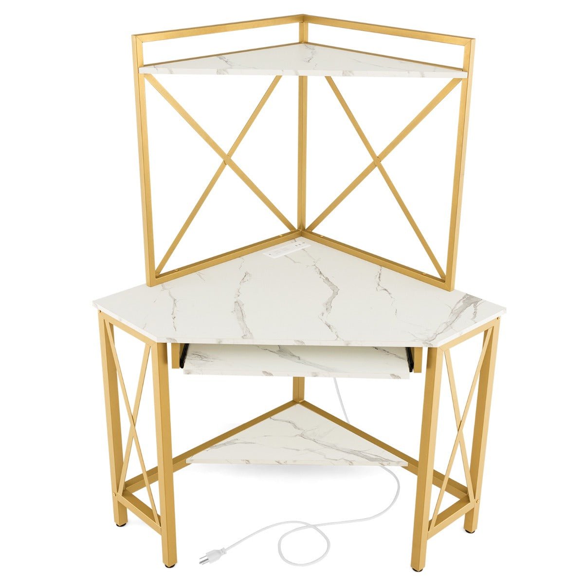 Secretária de Canto “Trieste” com Estantes, Porta - Teclado e Tomadas USB – 113x75x145 cm – Branco e Dourado - A minha loja