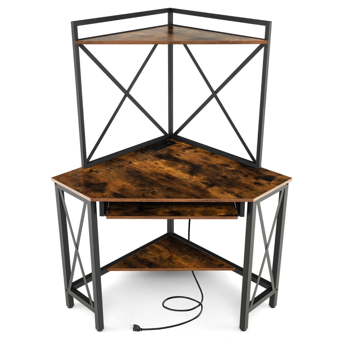 Secretária de Canto “Trieste” com Estantes, Porta - Teclado e Tomadas USB – 113x75x145 cm – Madeira Castanha e Preto - A minha loja