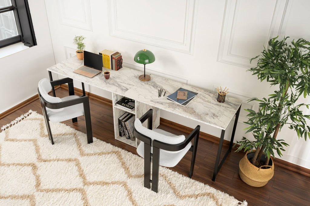 Secretária Dupla "Twin Study Desk" – Mármore Fressia e Preto, 240x60x74 cm, Design Moderno - A minha loja
