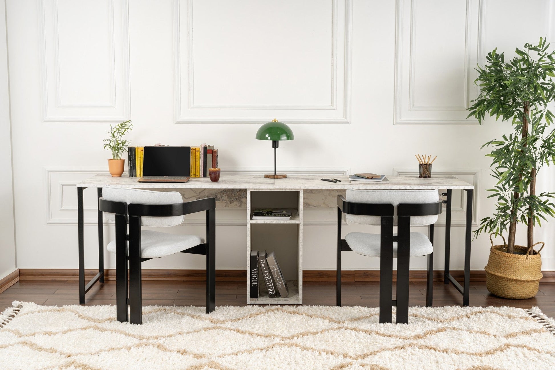 Secretária Dupla "Twin Study Desk" – Mármore Fressia e Preto, 240x60x74 cm, Design Moderno - A minha loja