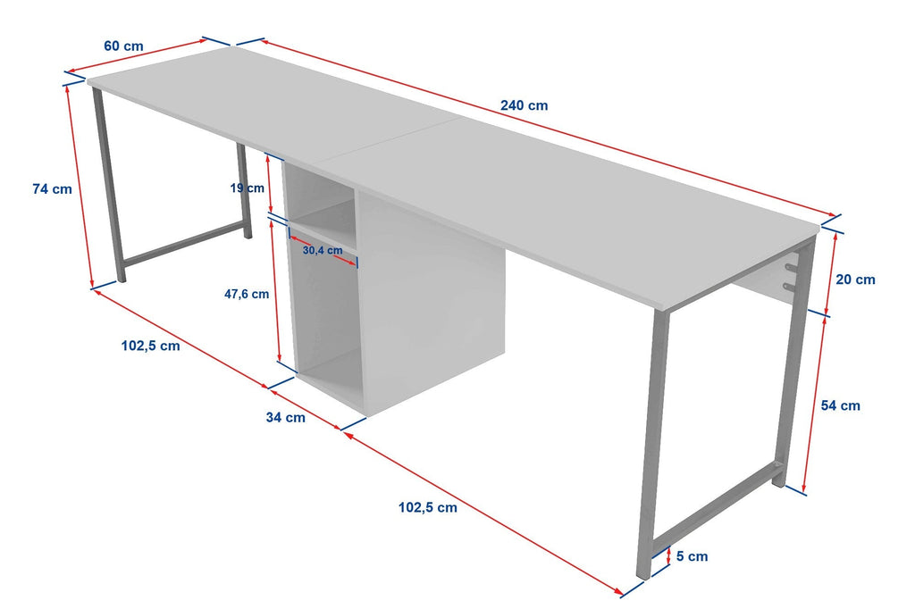 Secretária Dupla "Twin Study Desk" – Mármore Fressia e Preto, 240x60x74 cm, Design Moderno - A minha loja