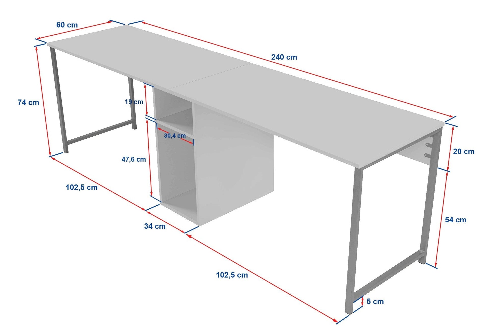 Secretária Dupla "Twin Study Desk" – Mármore Fressia e Preto, 240x60x74 cm, Design Moderno - A minha loja