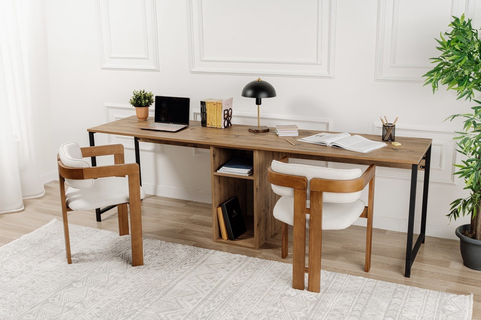 Secretária Dupla "Twin Study Desk" – Pinho Atlântico e Preto, 240x60x74 cm, Design Moderno - A minha loja