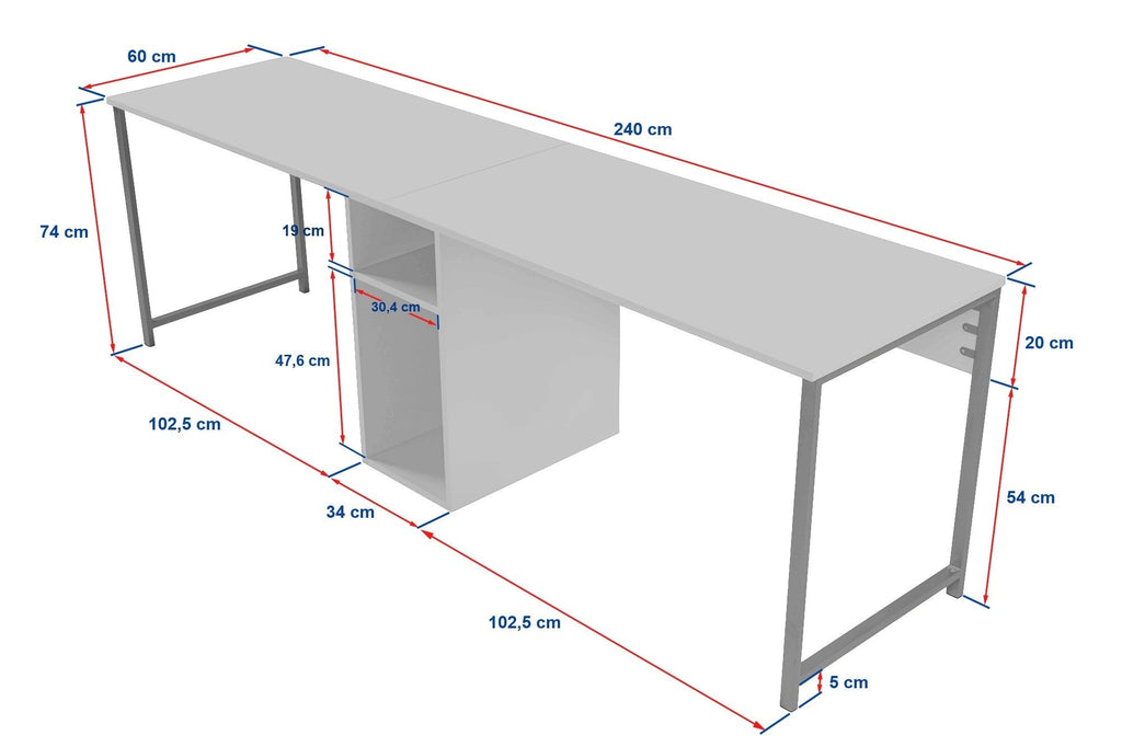 Secretária Dupla "Twin Study Desk" – Pinho Atlântico e Preto, 240x60x74 cm, Design Moderno - A minha loja
