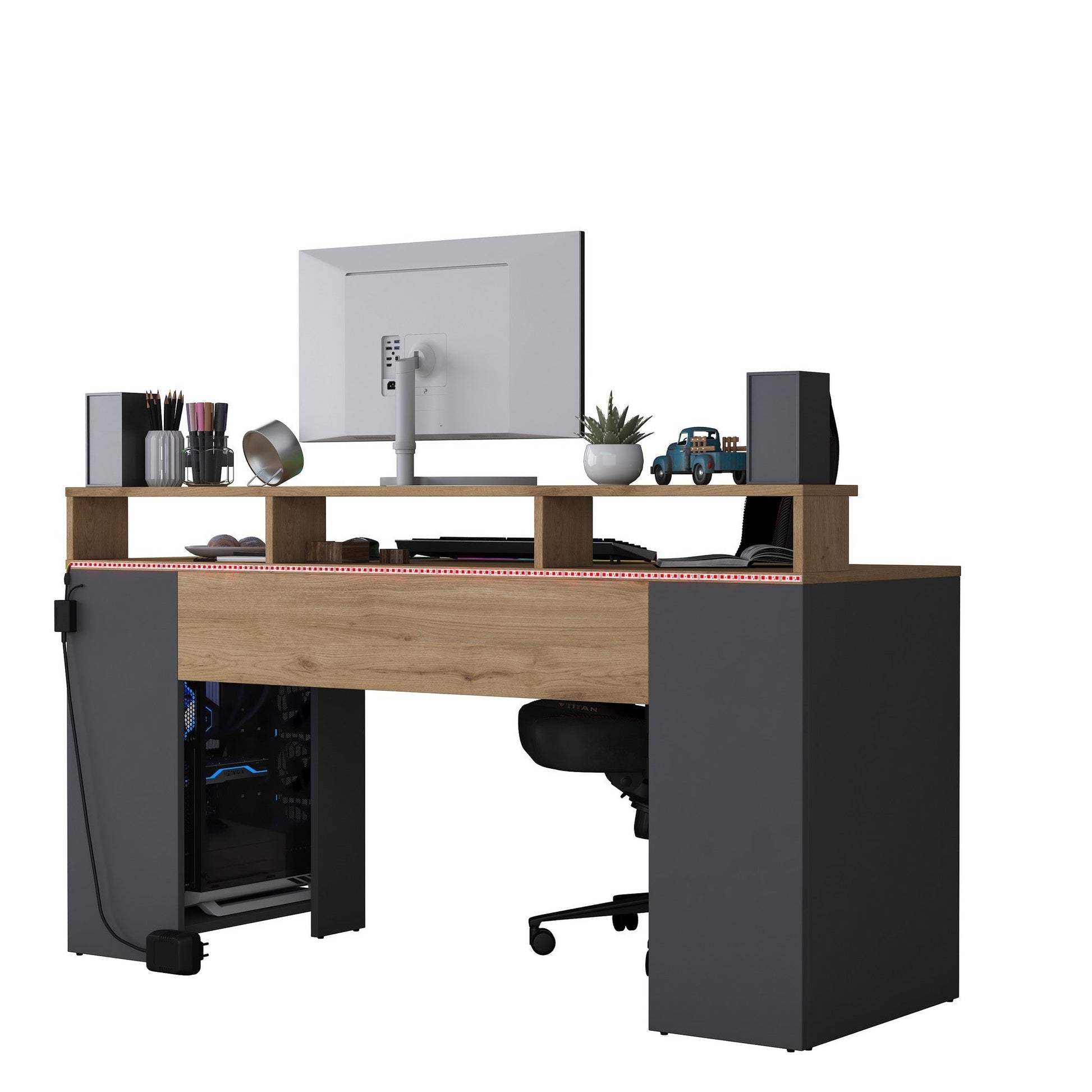Secretária Gamer "Inspira" com LEDs e Comando - 160 x 89.5 x 55 cm - Nogueira e Antracite - Design Moderno - A minha loja