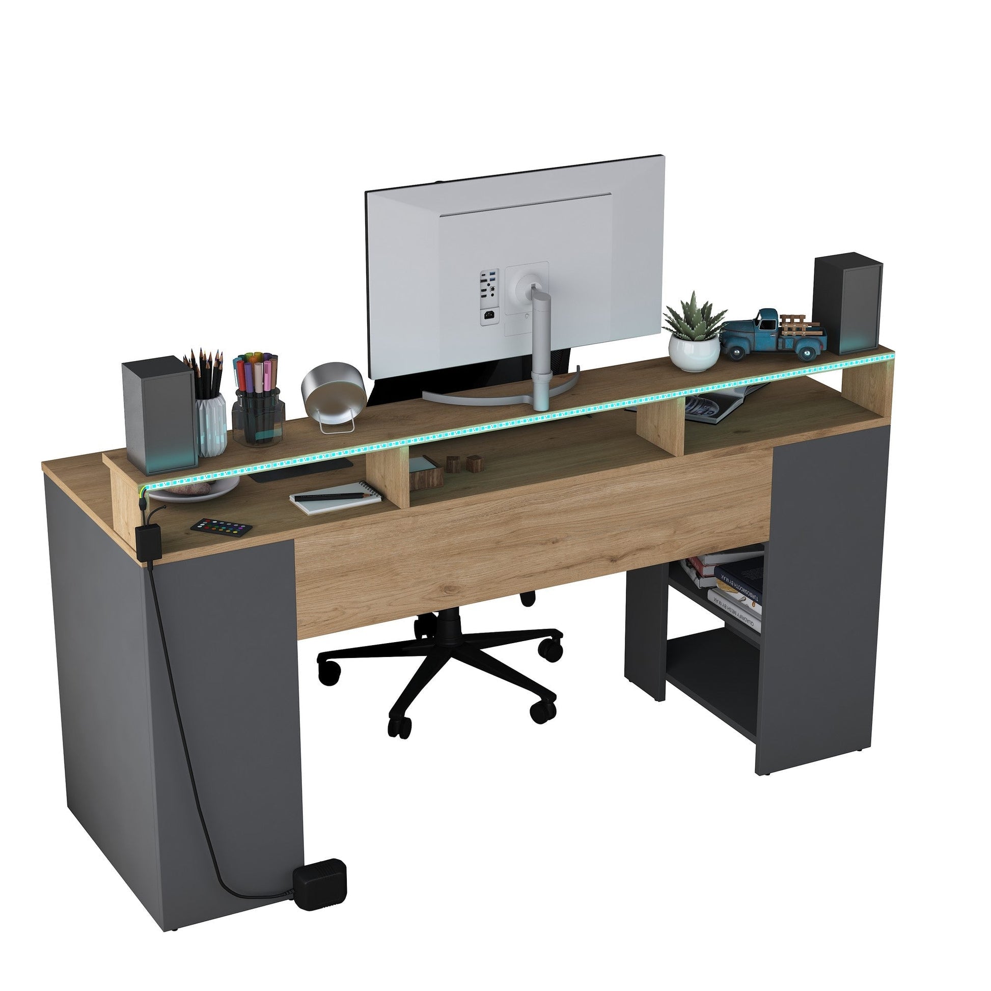 Secretária Gamer "Inspira" com LEDs e Comando - 160 x 89.5 x 55 cm - Nogueira e Antracite - Design Moderno - A minha loja