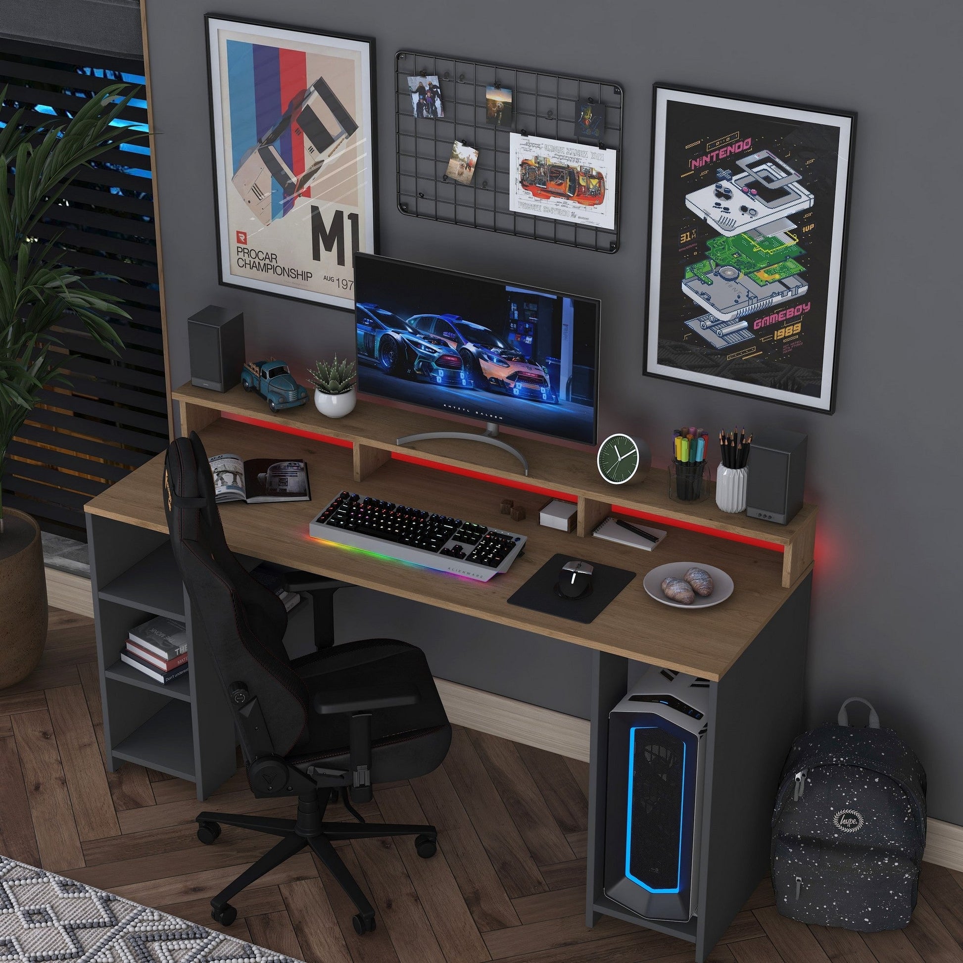 Secretária Gamer "Inspira" com LEDs e Comando - 160 x 89.5 x 55 cm - Nogueira e Antracite - Design Moderno - A minha loja