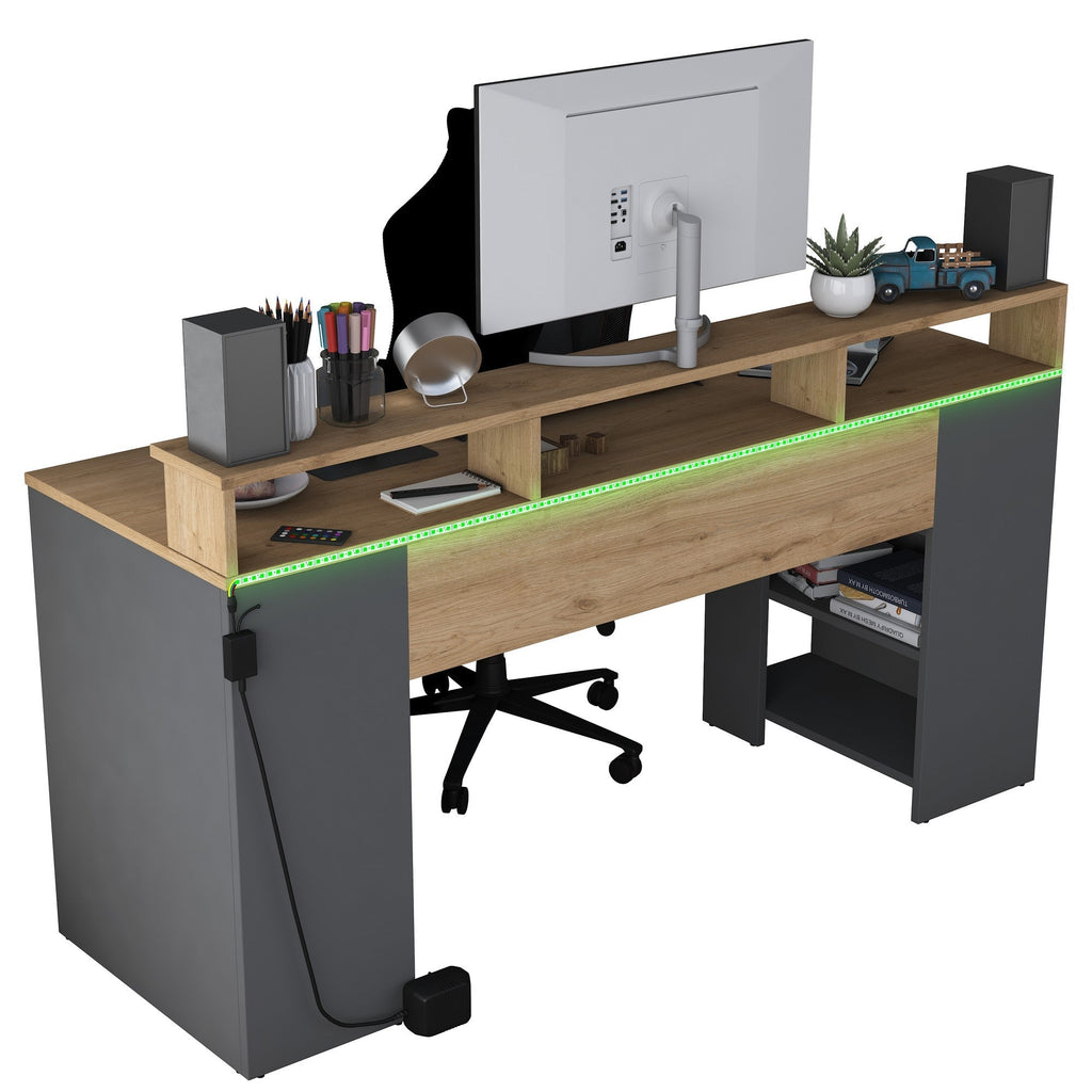 Secretária Gamer "Inspira" com LEDs e Comando - 160 x 89.5 x 55 cm - Nogueira e Antracite - Design Moderno - A minha loja