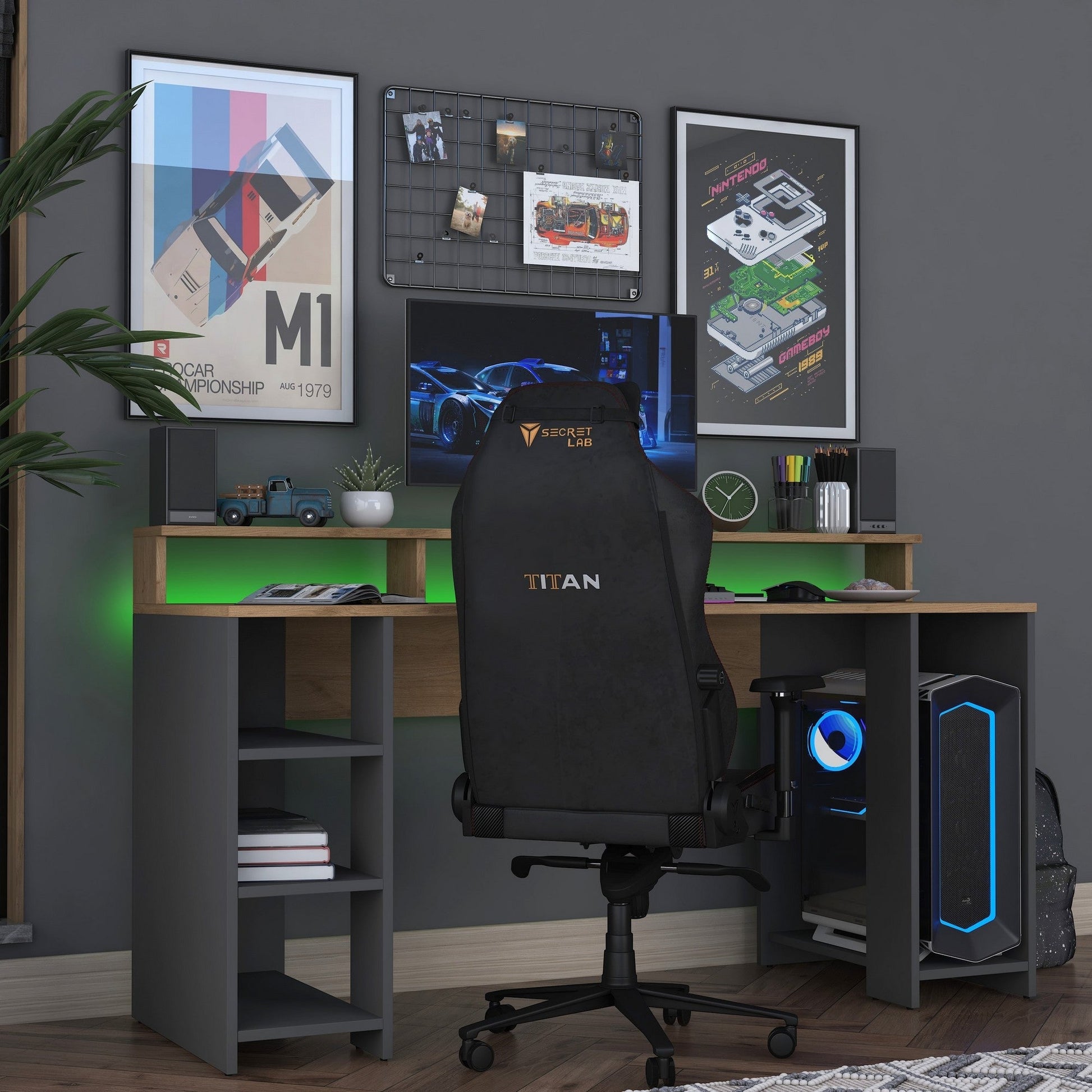 Secretária Gamer "Inspira" com LEDs e Comando - 160 x 89.5 x 55 cm - Nogueira e Antracite - Design Moderno - A minha loja