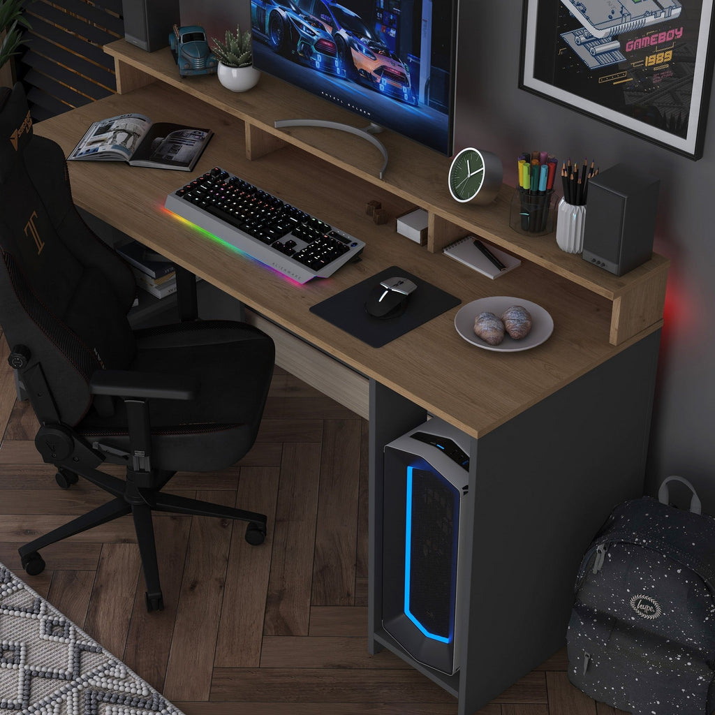 Secretária Gamer "Inspira" com LEDs e Comando - 160 x 89.5 x 55 cm - Nogueira e Antracite - Design Moderno - A minha loja