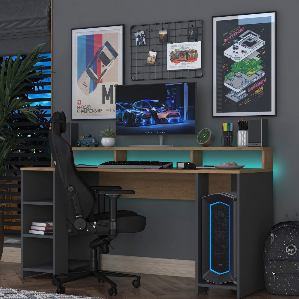 Secretária Gamer "Inspira" com LEDs e Comando - 160 x 89.5 x 55 cm - Nogueira e Antracite - Design Moderno - A minha loja