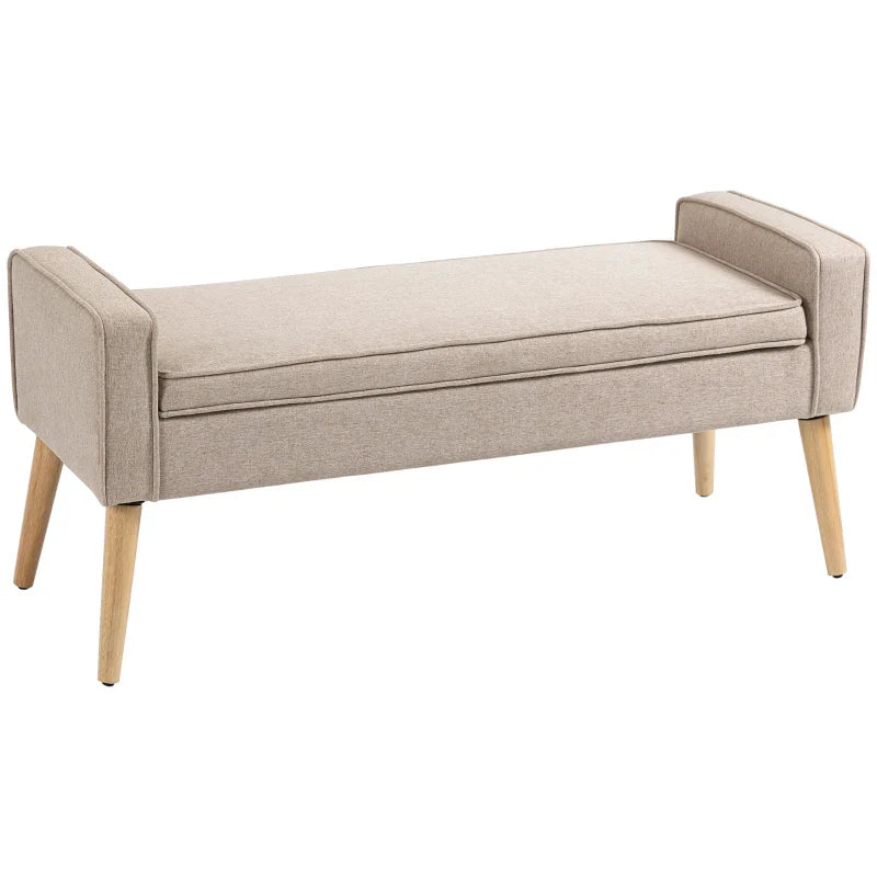 Banco de Armazenamento Baú de Armazenamento Estofado em Linho com Tampa Abatível e Pés de Madeira para Dormitório Sala de Estar Entrada Carga 120kg 120x45x54cm Bege