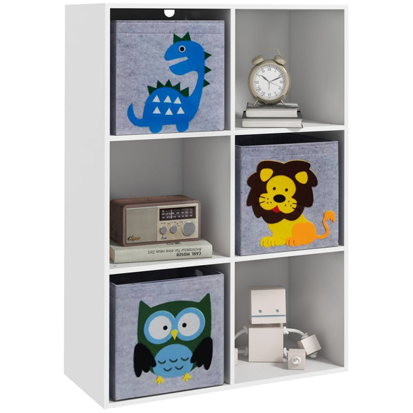Estante para Brinquedos Estante para Crianças acima de 3 Anos com 6 Compartimentos de Armazenamento e 3 Caixas de Tecido não Tecido com Desenho de Animais 61,8x29,9x91,5 cm Branco e Cinza