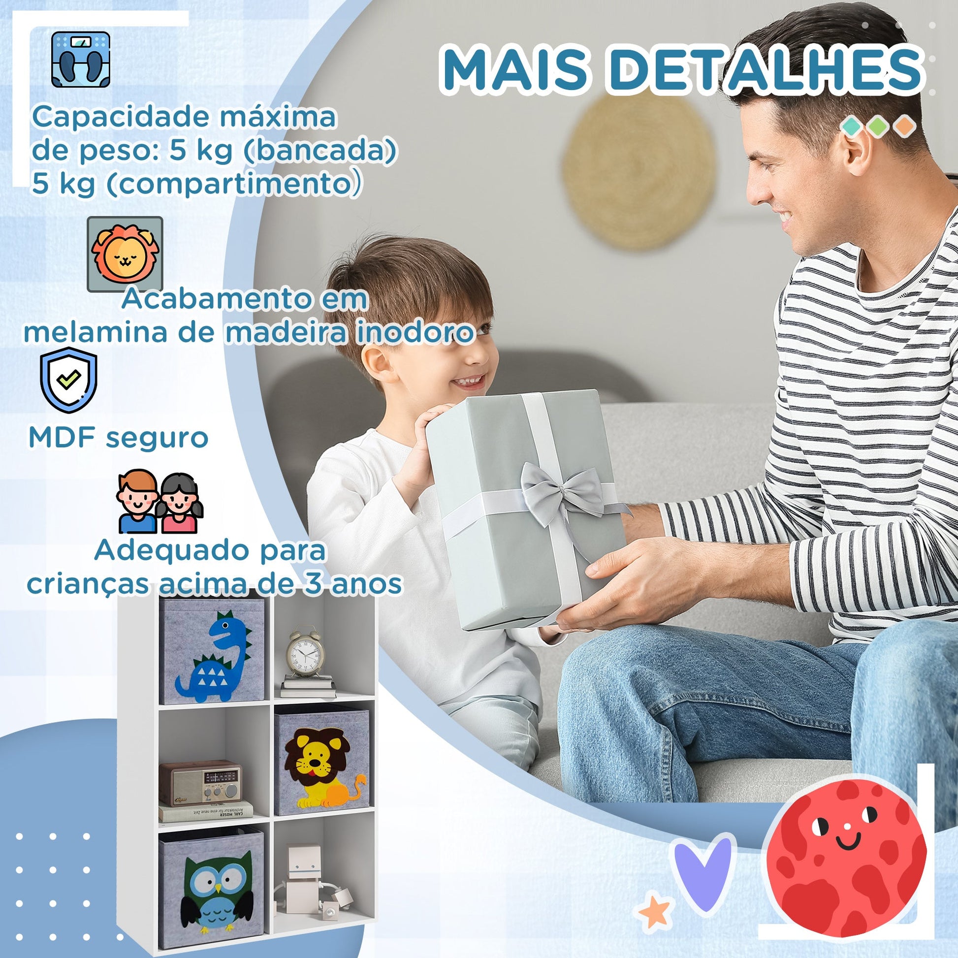 Estante para Brinquedos Estante para Crianças acima de 3 Anos com 6 Compartimentos de Armazenamento e 3 Caixas de Tecido não Tecido com Desenho de Animais 61,8x29,9x91,5 cm Branco e Cinza
