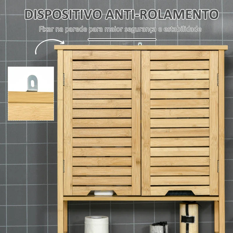 kleanklin Móvel de Bambú sobre Sanita Armário Alto para Casa de Banho com 2 Portas 1 Prateleira Interior e 1 Prateleira de Armazenamento 60x23x173cm Natural
