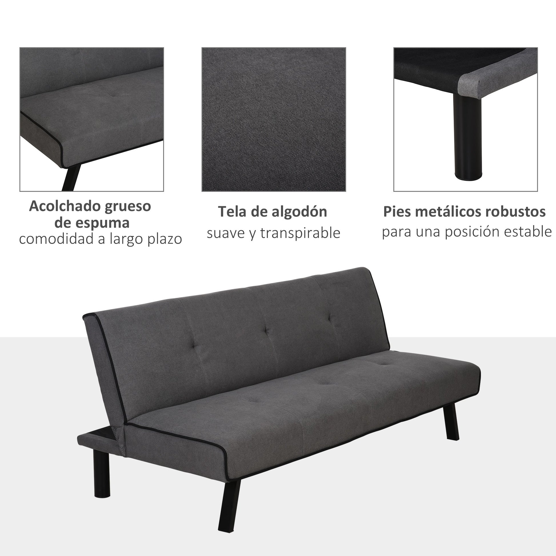 Sofá - cama 3 lugares projeto 2 em 1 Dobrável sem apoio de braços Estofamento em tecido Com toque aveludado Pernas levantadas Estofamento confortável 170x76x72,5 cm Cinza - A minha loja