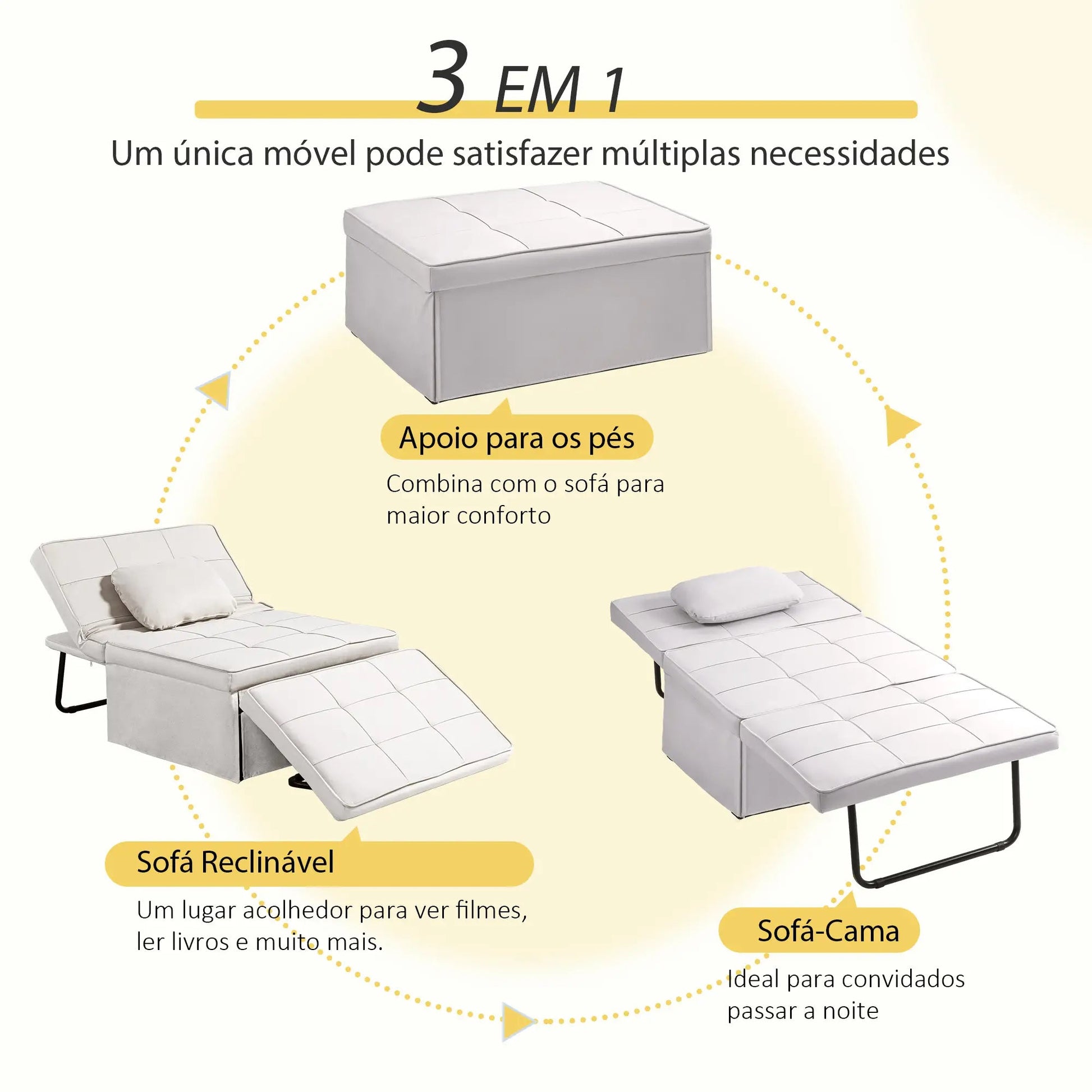 Sofá - Cama "Açores" 3 em 1 - Branco Gelo - 95x179x78 cm - Linho e Metal - Design Moderno - A minha loja