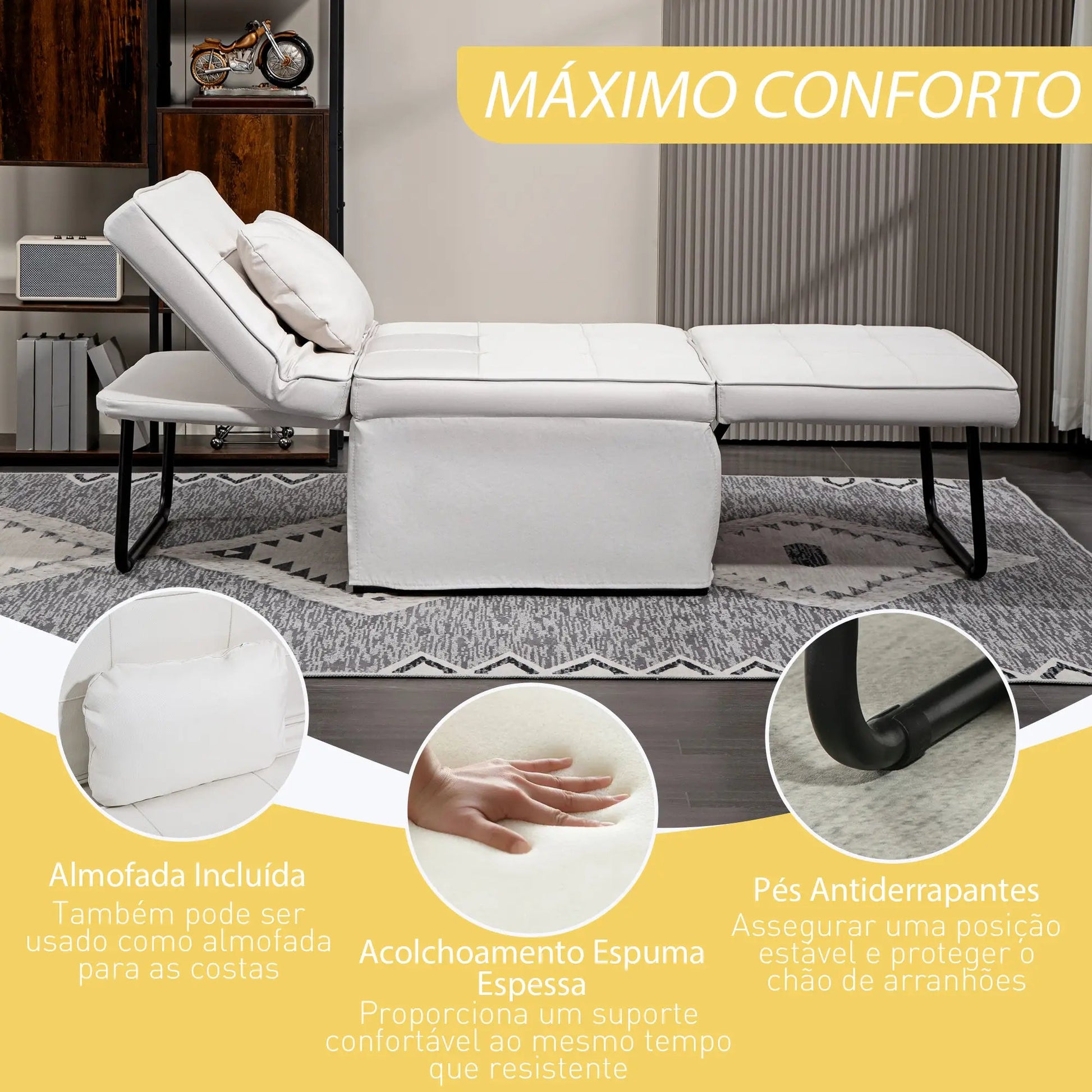 Sofá - Cama "Açores" 3 em 1 - Branco Gelo - 95x179x78 cm - Linho e Metal - Design Moderno - A minha loja