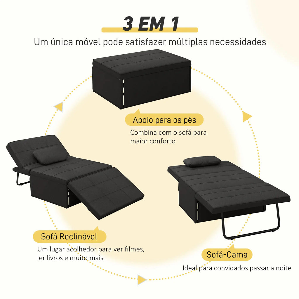Sofá - Cama "Açores" 3 em 1 - Preto - 95x179x78 cm - Linho e Metal - Design Moderno e Funcional - A minha loja